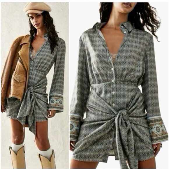 Free People Silky Rillo Shirt Dress Blue Multi XL - Picture 4 of 11